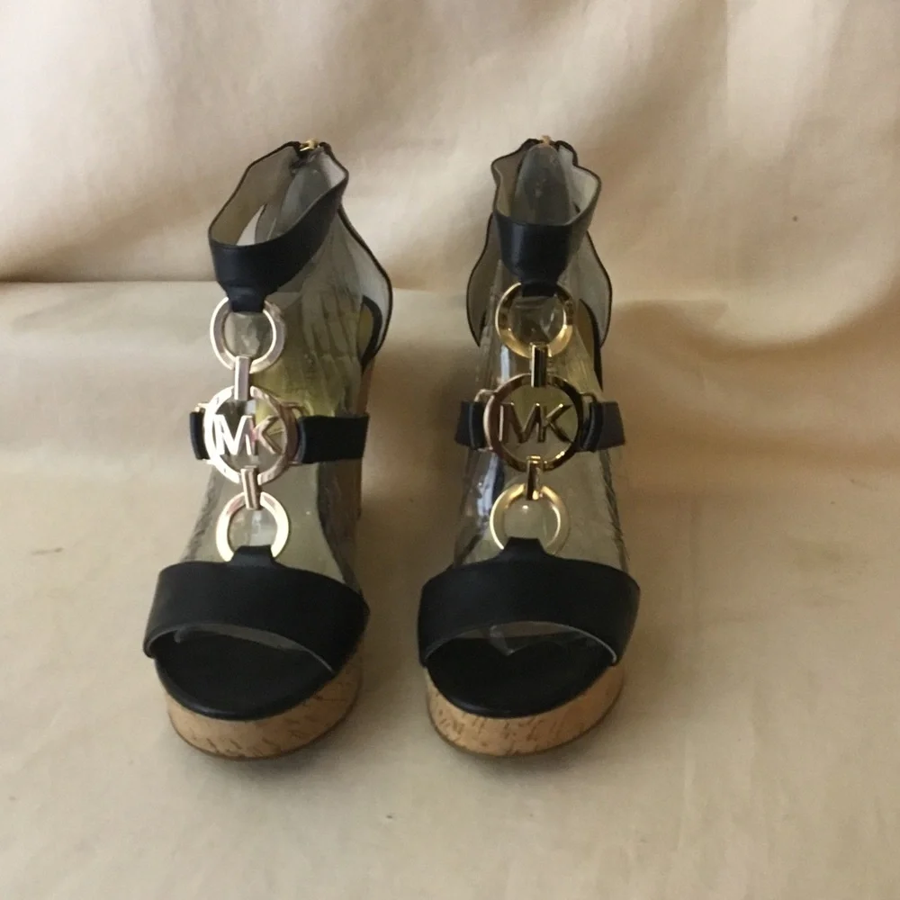 Michael Kors Black Leather Cork Wedge Sandals with Gold MK Accent
